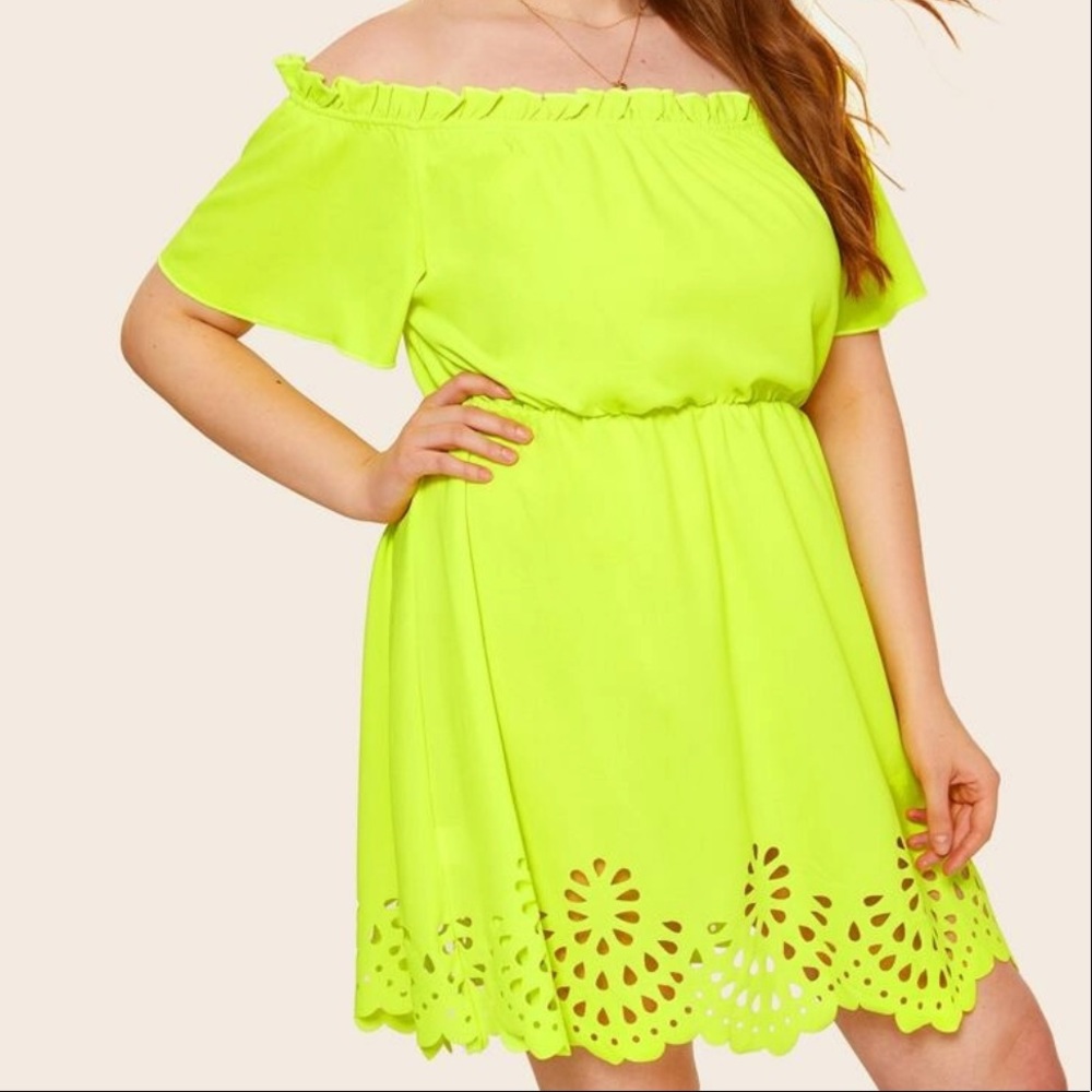 Shein plus neon lime laser cut off shoulder dress